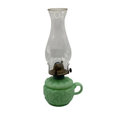 Vintage Jadeite Green Milk Glass Handled Oil Lamp Floral Design Farmhouse Decor picture