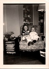 Vtg 1950s Black & White Photo Two Children Girl Baby Armchair Home Decor 642 picture