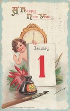 1912 Happy New Year Postcard Frances Brundage Art Cherub January 1 Poinsettia picture