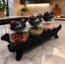 Gothic Frog Spice Jar Set 3 Apothecary Jars Ornate Black Stand Boho Kitchen New picture