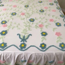 VTG Chenille Bedspread Sz Full Turquoise Light Green Pink Yellow Skirted MCM picture