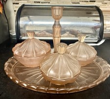 Vintage Pink Depression Glass Vanity Set Art Deco 5 Pc picture