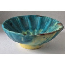Vtg Signed Nime Mexican Oaxacan Pottery Shell Bowl Turquoise Yellow Drip Glaze picture