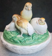 Vintage Jeanne Reed's Chicks & Eggs On Nest Lidded Porcelain Dish/Bowl 7.5