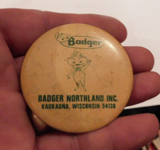NEAT VINTAGE BADGER NORTHLAND INC IMPLEMENT DEALER PINBACK BUTTON KAUKAUNA WIS picture