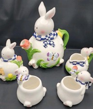 Vintage 1999 Mercuries Ceramic Easter Bunny Teapot Set Sugar Creamer Cups picture