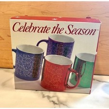 Vintage Celebrate the Season 4 Christmas Mugs Filene’s New Old Stock Moon Stars picture