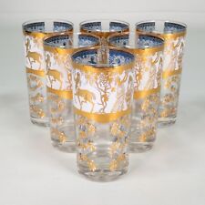 Mid Century Modern White & Gold Etched Highball Cocktail Glasses Medieval- Set 6 picture