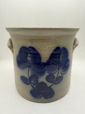 Vintage Salmon Falls Stoneware Dover NH Large Crock Blue Floral Flower Design picture