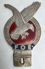 Vtg FOE Fraternal Order of Eagles License Plate Topper Car Emblem Metal Enamel picture