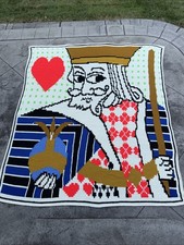 Vintage KING OF HEARTS Knitted Afghan HUGE 80”x90” Cottage Core Grandma HEAVY picture