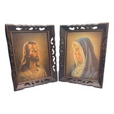Vintage Warner Sallman Head of Christ & Madonna Pair Carved Wood Frames 1941 194 picture