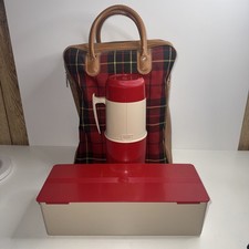 VTG 1970's THERMOS Picnic/Travel Set (1) Thermos & (1) Sandwich Box, Red Plaid picture