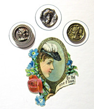 3 pc Antique Art Nouveau CAMEO Button Lot ~ Metal Picture Buttons Ready to Frame picture