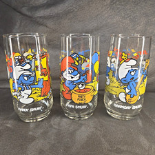 Vintage 1982 Wallace Berrie Smurfs Party Glass Tumbler Papa Handy Harmony Set 3 picture