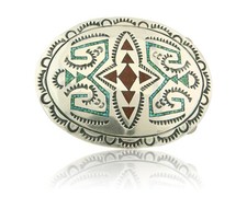 Vintage Navajo Belt Buckle 925 Silver Inlaid Gemstone Signed Stanley Bain C.80's picture
