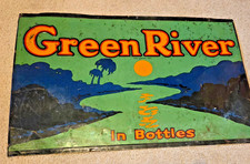 1920s VINTAGE ORIGINAL GREEN RIVER EMBOSSED TIN SODA SIGN SCHOENHOFFEN CHICAGO picture