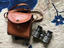 Vintage C.M.C. Opera Field Metal Binoculars Repousse War w/ Leather Case Japan picture