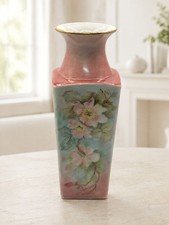 Vintage Hand-Painted Porcelain Vase Pink Roses Gold Rim Signed 1990 picture