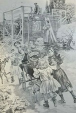 1907 Vintage Illustration Victorian Children Pushing Stroller picture