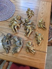 Set Of 8 Cherubs Wall Hanging  Gold Hollywood Regency picture