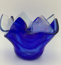 Fused Art Glass Handkerchief Votive Candle Holder Blue & Clear Iridescent Signed picture