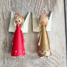 Vintage Wooden Angel Figurine Pair MCM Christmas Decor Folk Art Hand Painted picture