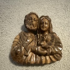 Hand-Carved Wooden Sculpture of Joseph Mary and Jesus On Wood Base 8.5 picture