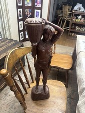 Primitive Vtg Folk Art Hand Carved Wooden Fisherman Statue Figurine 30” Tall picture