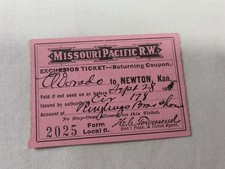 Missouri Pacific Rw Excursion Ticket Coupon Eldorado to Newton, Kan 1896 picture