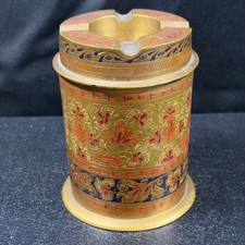 Vintage Indian Etched Brass Lidded Ashtray Enamel Floral Cigarette Canister Jar picture