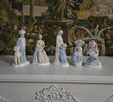 VTG 5 Blue & White Glossy Ceramic Figurines  2 Woman/ Child 2 Girl/Dog  Boy/ Dog picture