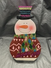 Pier 1 One VTG SNOWMAN GLITTER BOX  PRESENT DECOR HAT SCARF V RARE 12.75” EUC picture