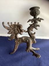 Antique Dragon Gargoyle Gothic Griffon Gryphon Cast Iron Candle Holder A3 picture