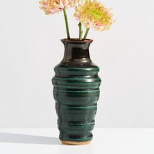 Vintage Emerald Green Studio Pottery Vase Sculptural Ribbed Signed Ceramic picture
