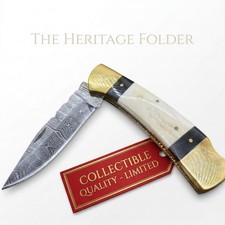 SK Customs Damascus Pocket Knife Luxury Collector Gift Camel Bone Folding Blade picture