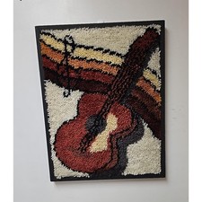 Vtg Handcrafted Acoustic Guitar Latch Hook Tapestry Wall Picture 25.5