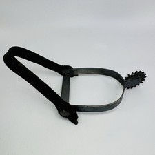 Vintage Single Western Horse Spur Metal Rowel Leather Strap Rustic Decor picture