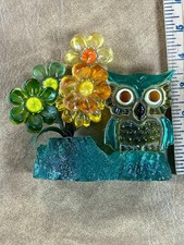 Vintage Lucite Owl & Daisy Flower Bouquet Figurine Blue Green Yellow 1970's MCM picture
