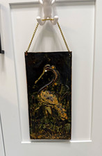 Vtg Mid Century Modern Enamel on Copper Wall Plaque Crane Heron Bird Reeds MCM picture