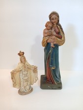 Pair Vtg Italian Carved Wood Madonna & Child Statue + Our Lady of Mercy Figurine picture
