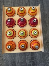 Vintage Shiny Brite RARE Chartreuse Red Orange Striped Ornaments Inner Box Mint picture