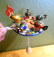 HAND CRAFTED & HAND PAINTED WOODEN FOLK ART RUSSIAN PECKING CHICKENS TOY picture