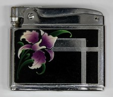 Vintage Ronson Adonis Automatic Lighter Black Enamel Purple Orchid Art Deco picture