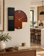 Handmade Mahogany Geometric Wall Clock Mid Century Modern Art Deco Gold Decor picture