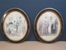 Antique SET Pair Oval 2 Frames Godey Ladies FashionS Pages 1850 Dress Wall Art picture