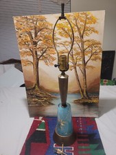 Vintage Mid Century Aqua Turquoise Floral Glass And Wood Lamp picture