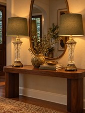 Vintage Hollywood Regency Crystal Table Lamps - Pair Heavy Cast Metal Base 1970s picture