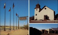 Tubac Arizona St Ann's Church built 1920 flags Plaza of Shops vintage postcard picture