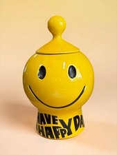 Vintage McCoy HAVE A HAPPY DAY Yellow Smiley Face Cookie Jar w/ Lid 60’s / 70’s picture